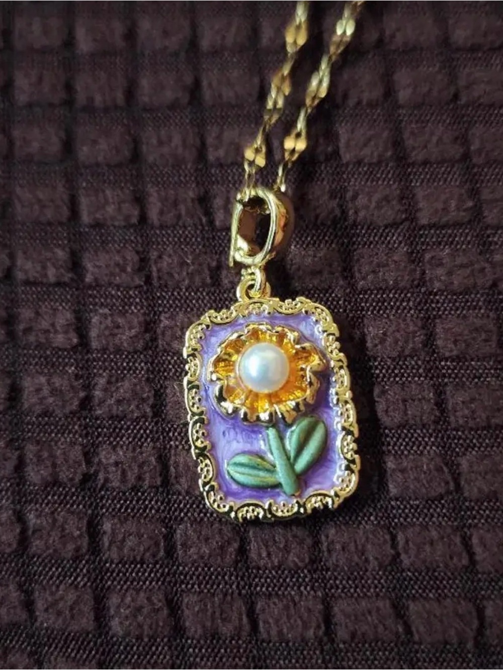 Gold Sunflower inlaid Pearl Art Pendant Necklace in Purple and Green. New. - Picture 9 of 15